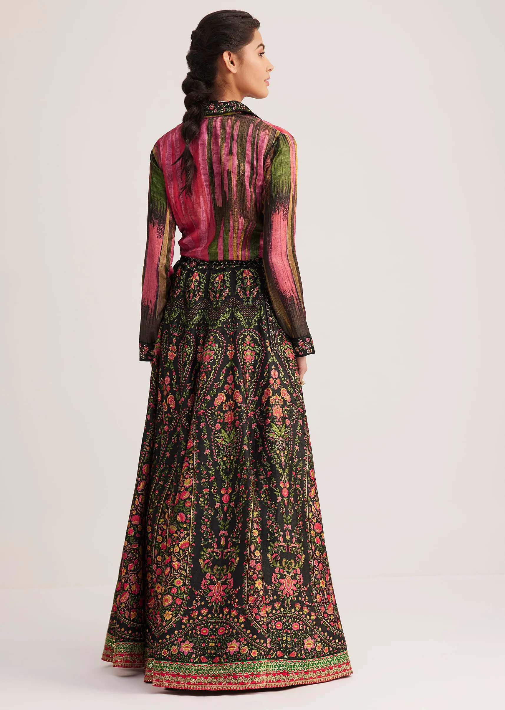 Black And Pink Silk Shirt And Skirt Set