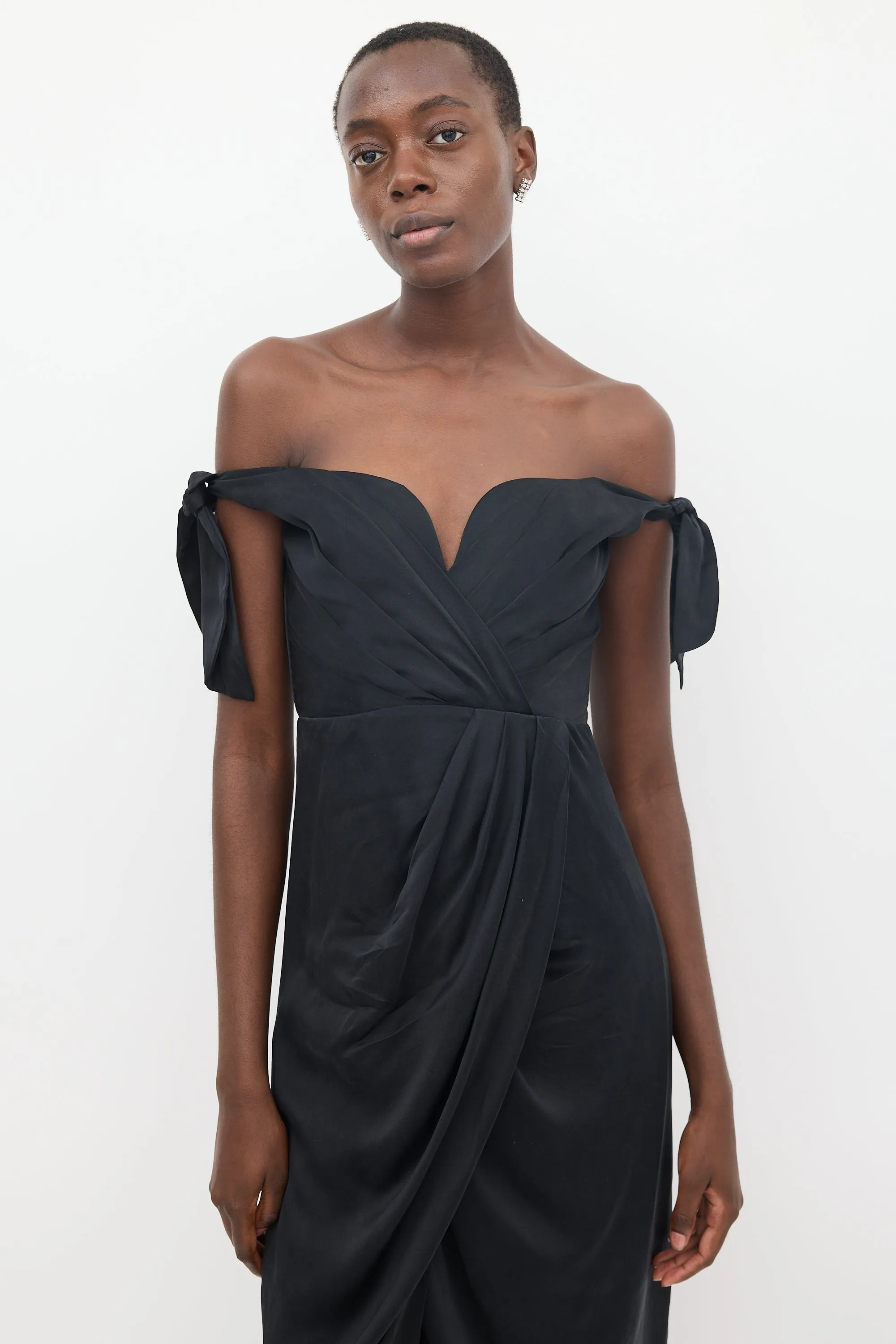 Black Silk Draped Off Shoulder Dress