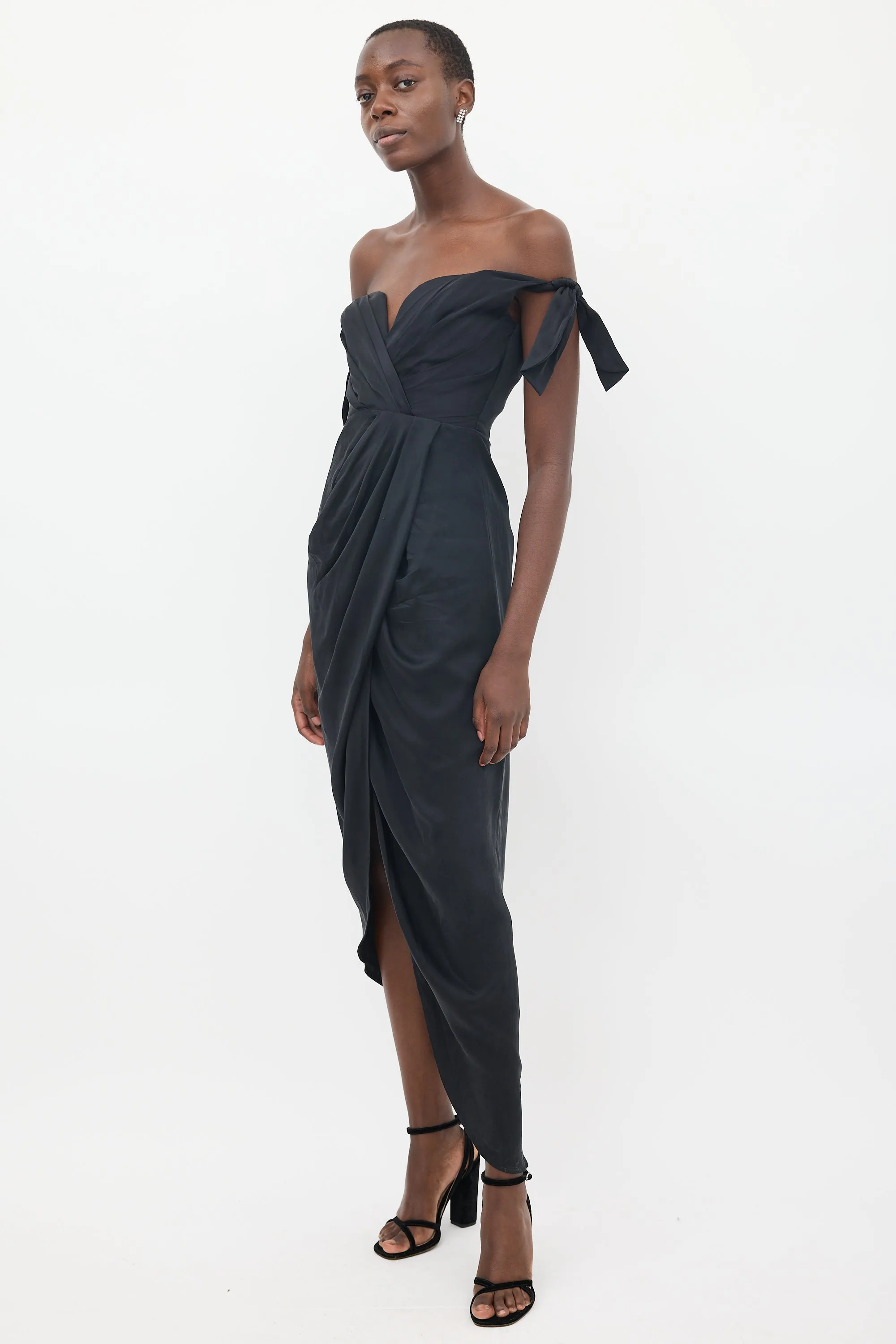 Black Silk Draped Off Shoulder Dress