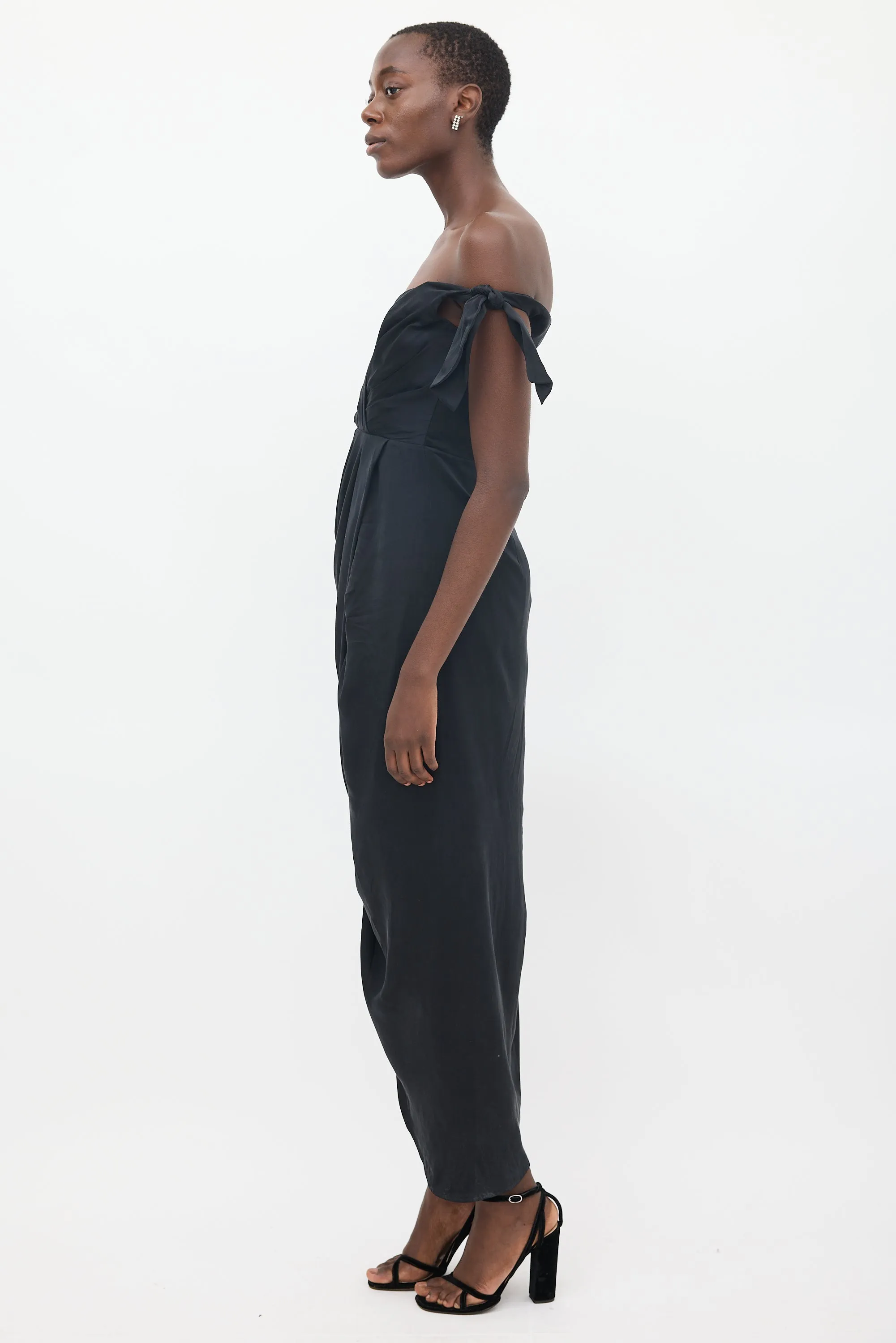 Black Silk Draped Off Shoulder Dress