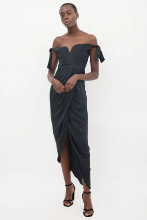Black Silk Draped Off Shoulder Dress