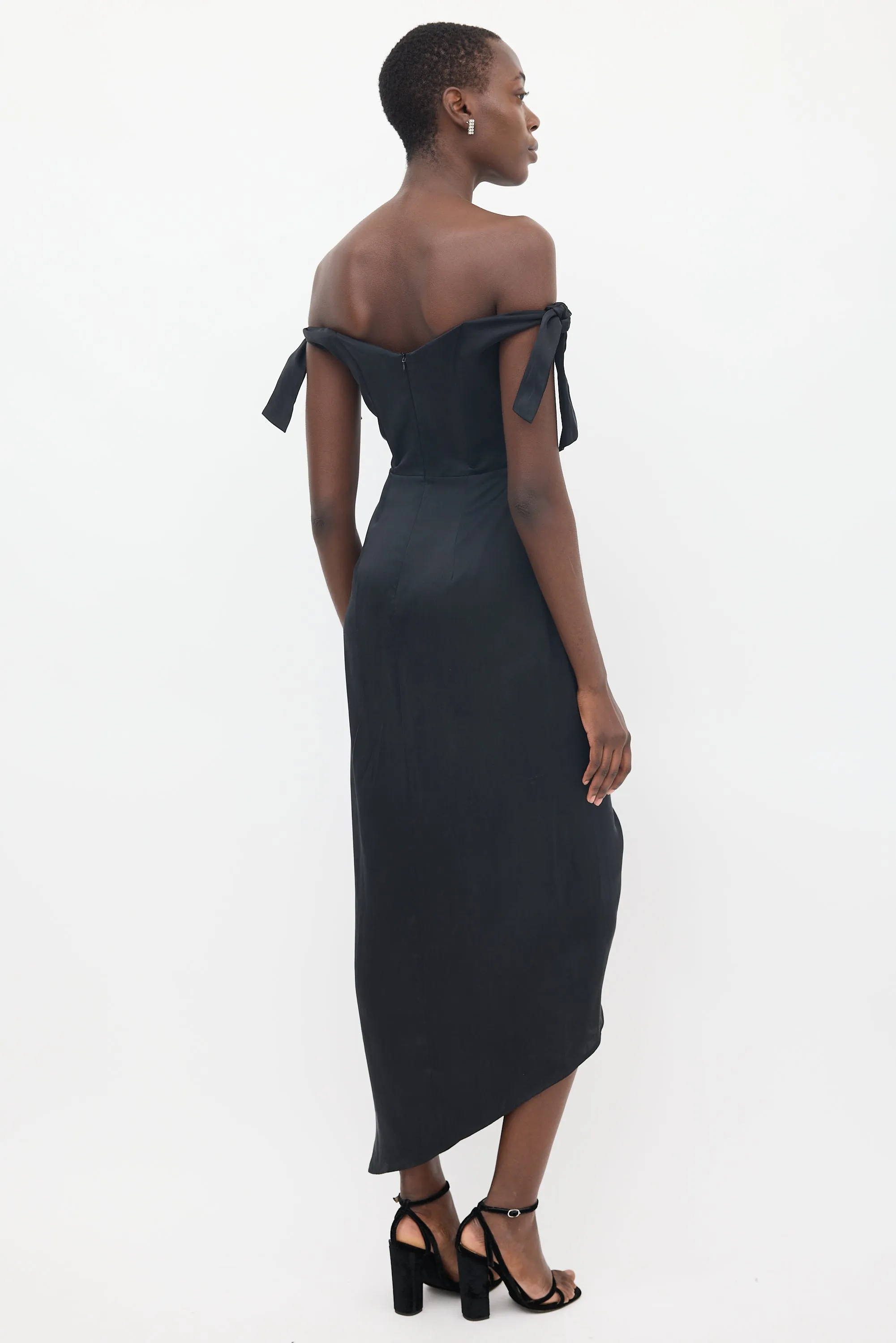 Black Silk Draped Off Shoulder Dress