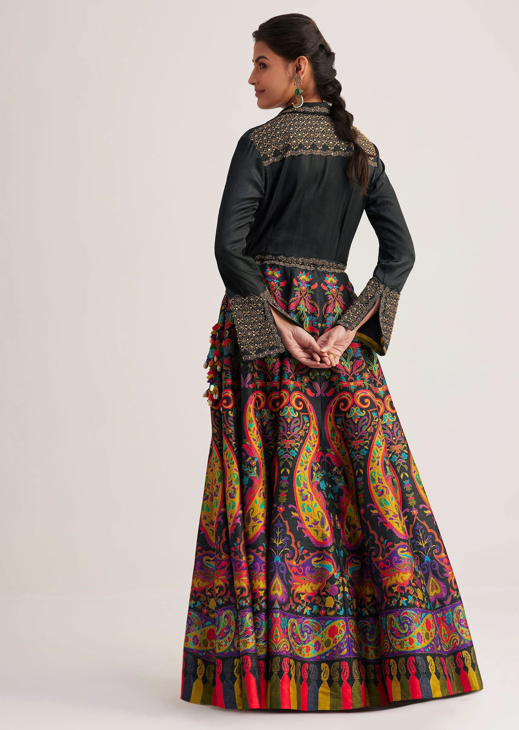 Black Silk Shirt And Skirt Set With Zari And Bead Embellishments