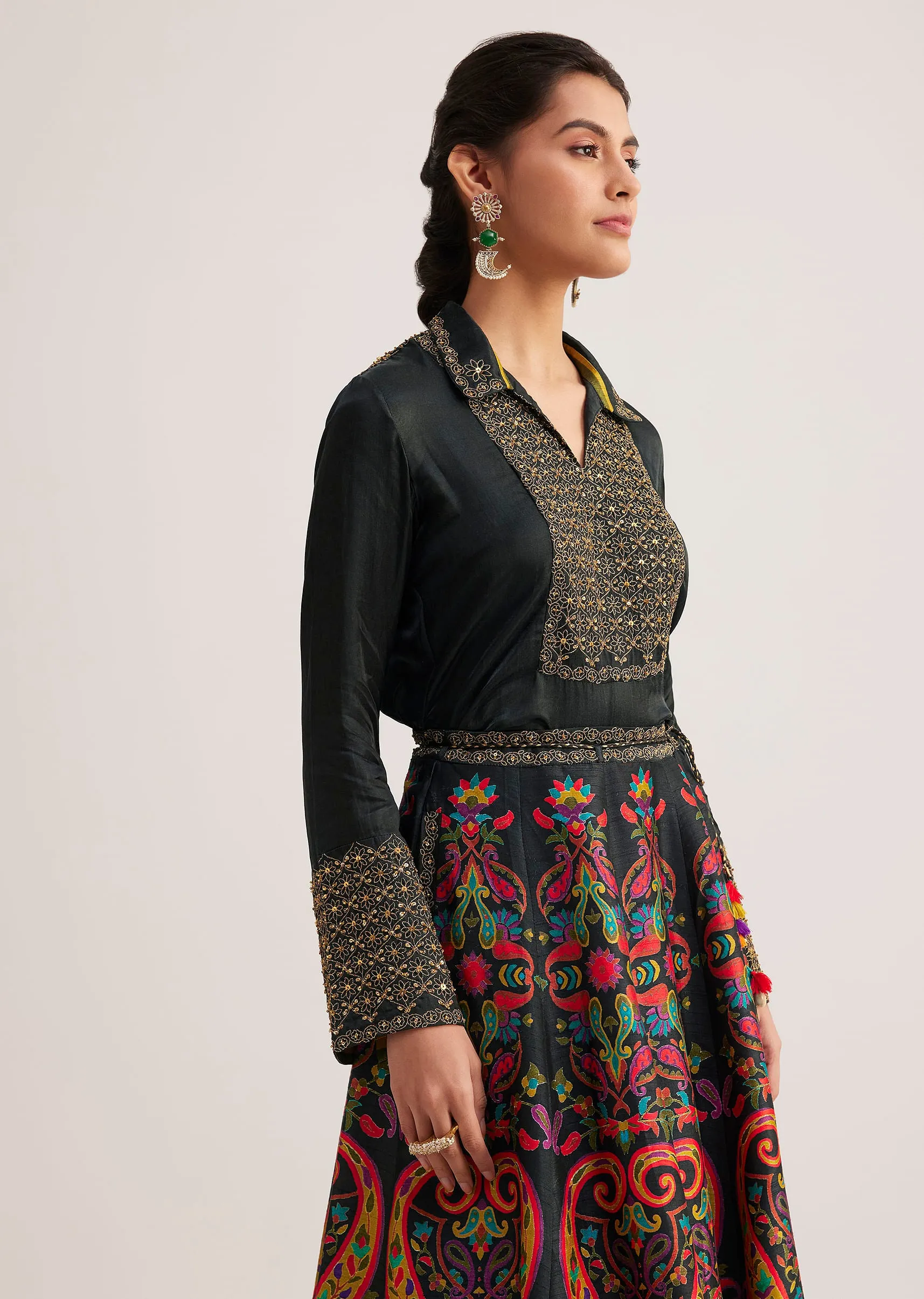 Black Silk Shirt And Skirt Set With Zari And Bead Embellishments