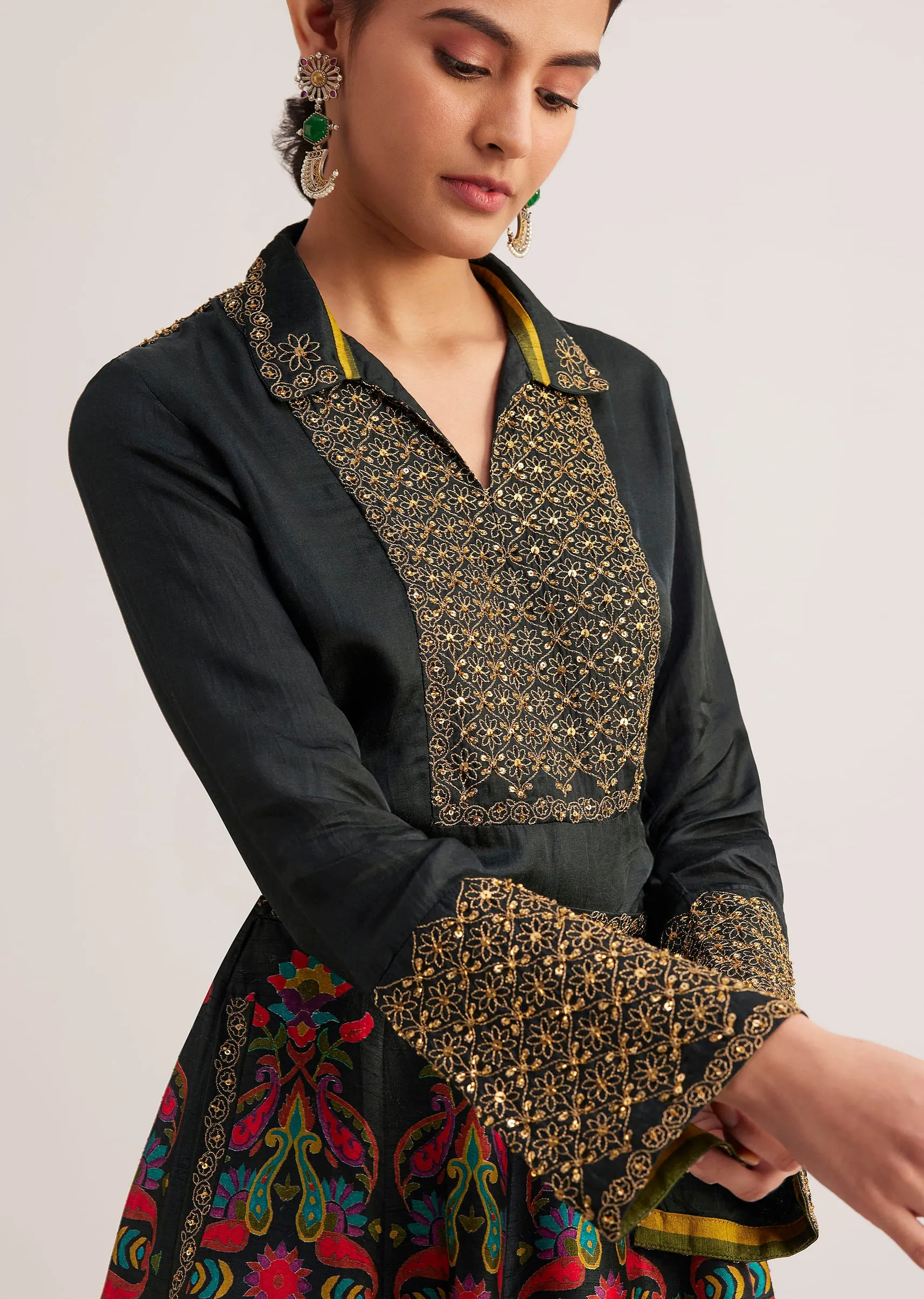 Black Silk Shirt And Skirt Set With Zari And Bead Embellishments