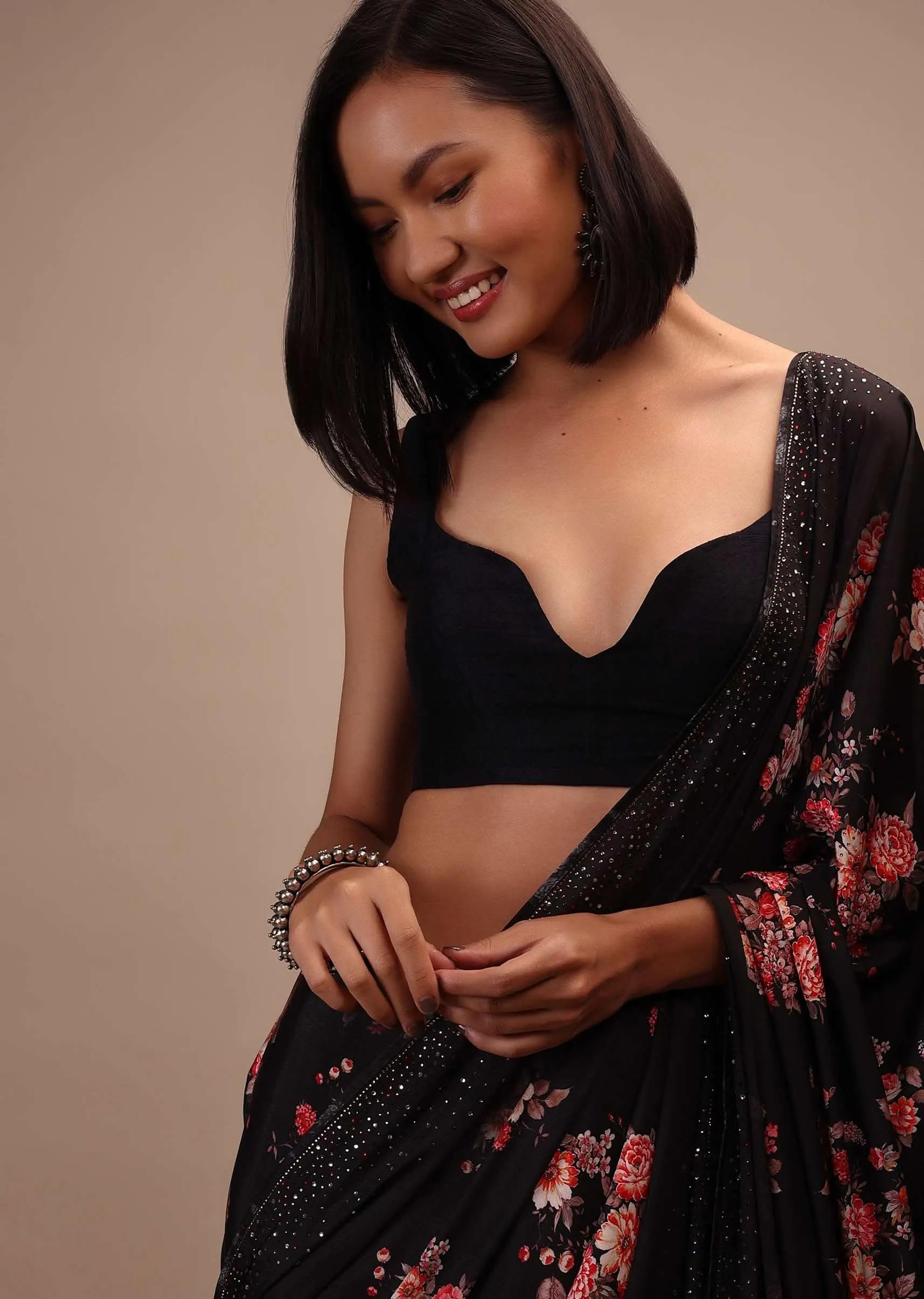 Black Sleeveless Blouse In Raw Silk With Sweetheart Neckline Thick Strap With Back Hook Closure