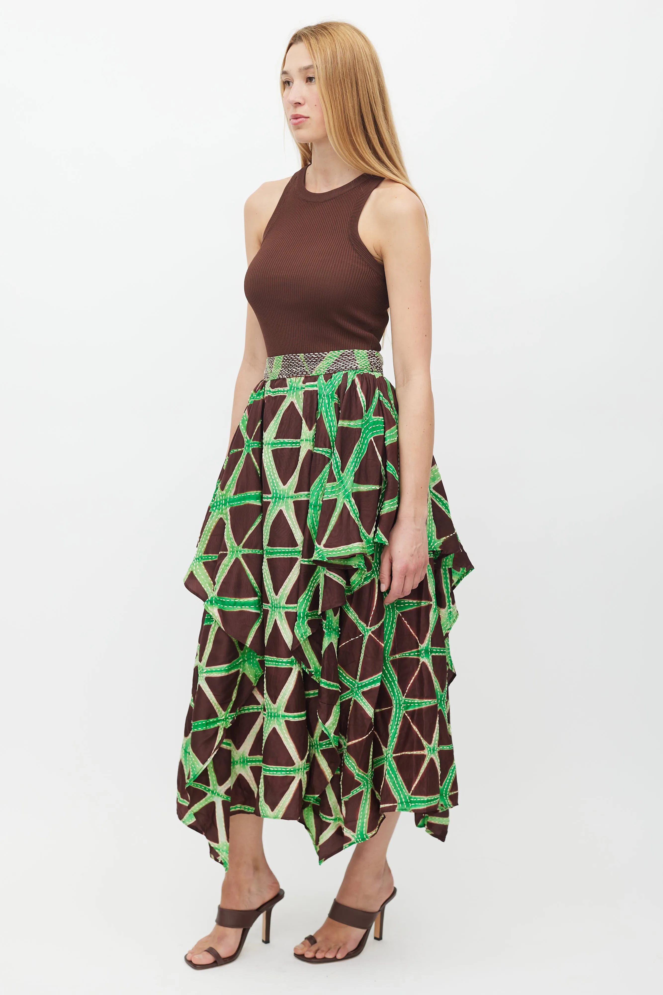 Brown & Green Savita Stitch Silk Skirt