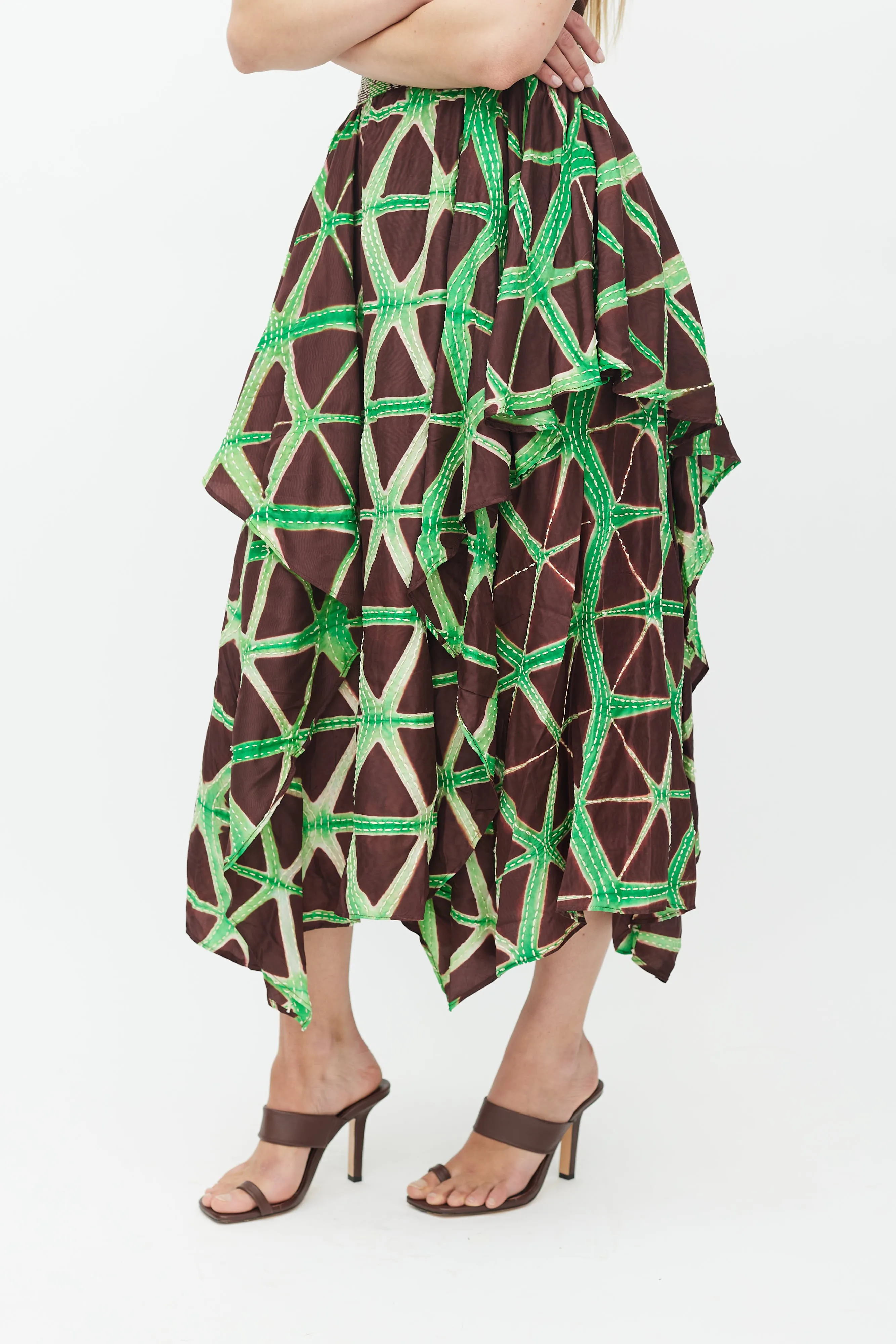 Brown & Green Savita Stitch Silk Skirt