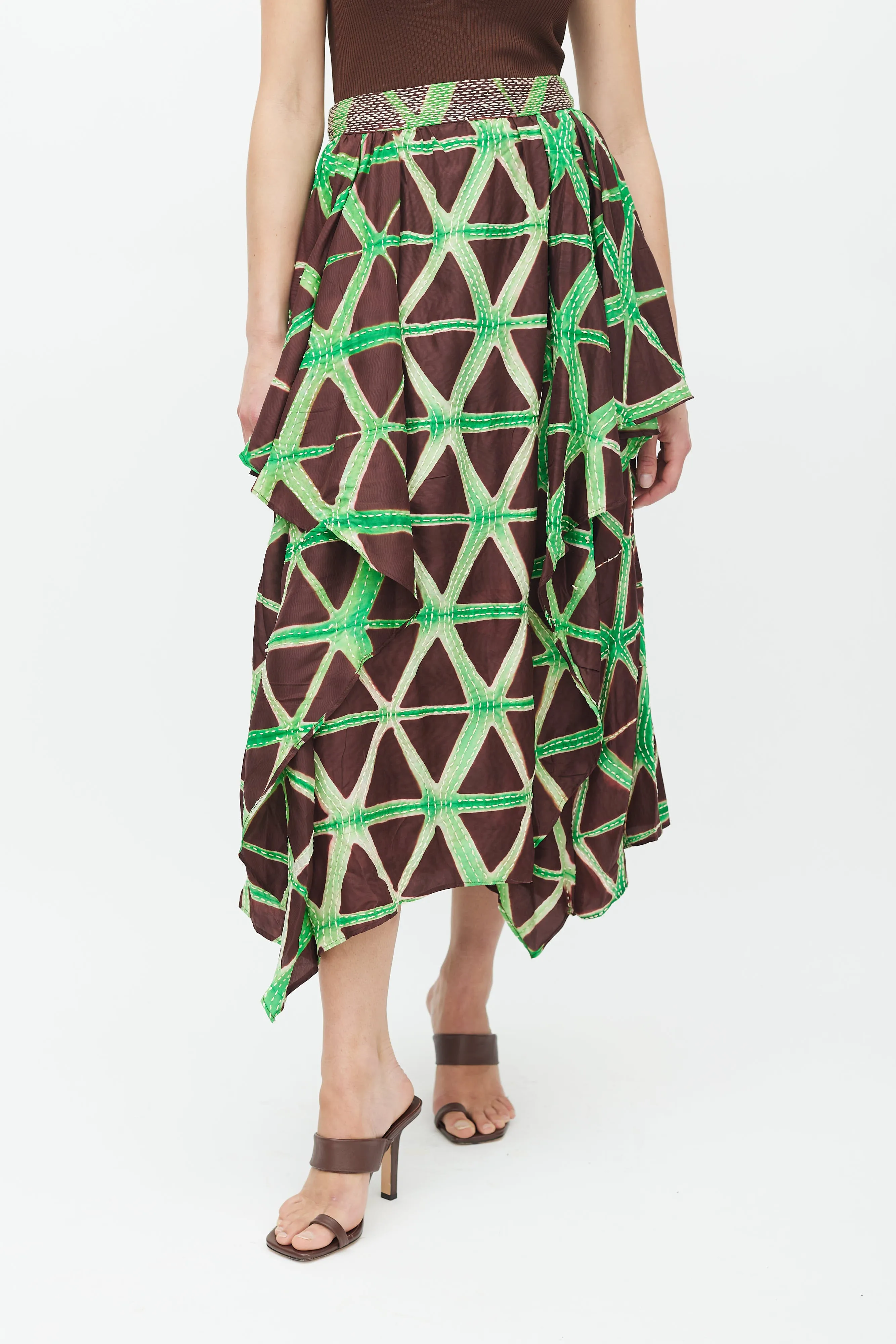 Brown & Green Savita Stitch Silk Skirt