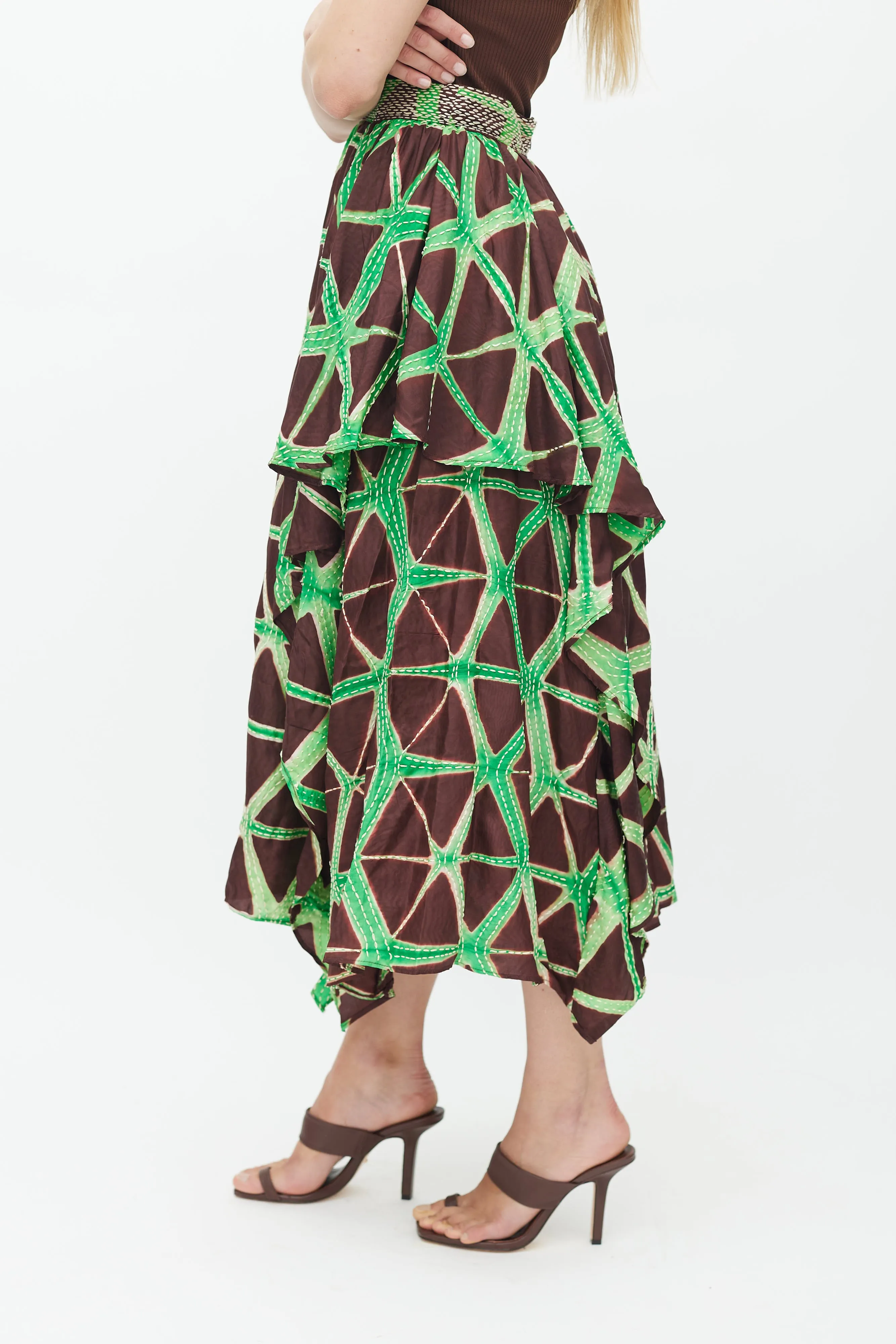Brown & Green Savita Stitch Silk Skirt