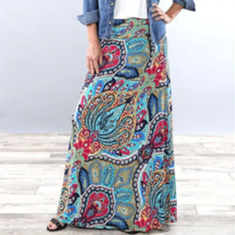 Fashionkova  Women Ethnic Style Long Skirt Spring Autumn Printed Skirts Ladies Casual Big Swing Ankle-Length Skirts Streetwear