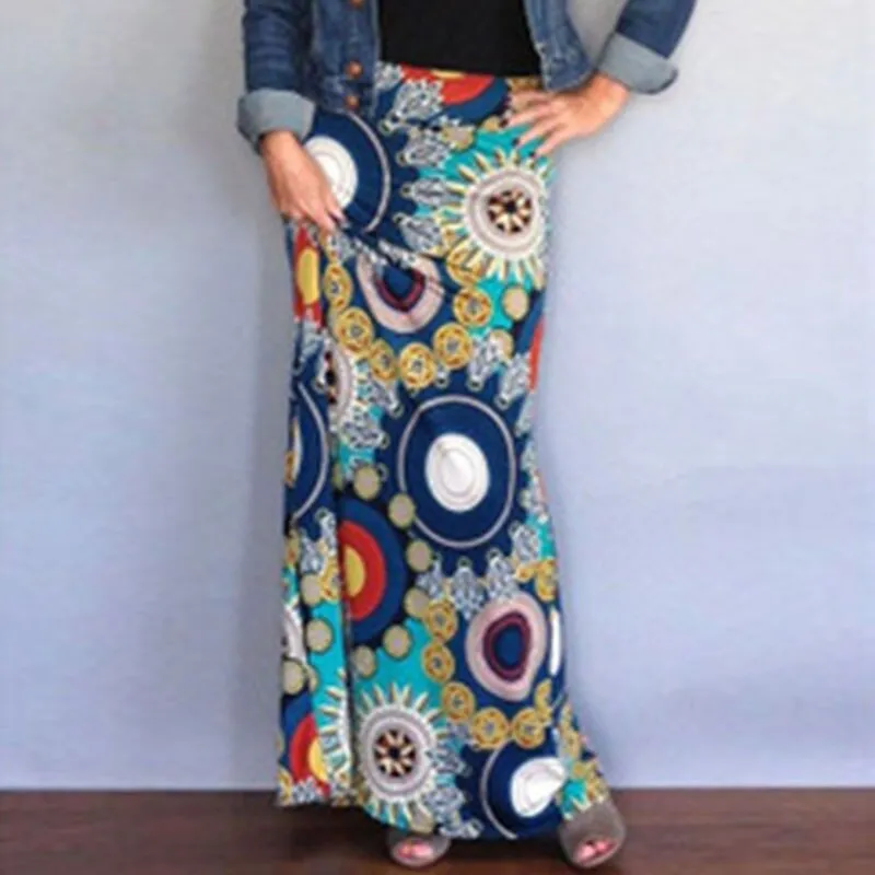 Fashionkova  Women Ethnic Style Long Skirt Spring Autumn Printed Skirts Ladies Casual Big Swing Ankle-Length Skirts Streetwear