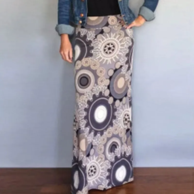 Fashionkova  Women Ethnic Style Long Skirt Spring Autumn Printed Skirts Ladies Casual Big Swing Ankle-Length Skirts Streetwear