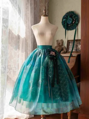Green Forest Fairy Lolita Oil Painting Print Tulle Skirt with Floral Hairclip