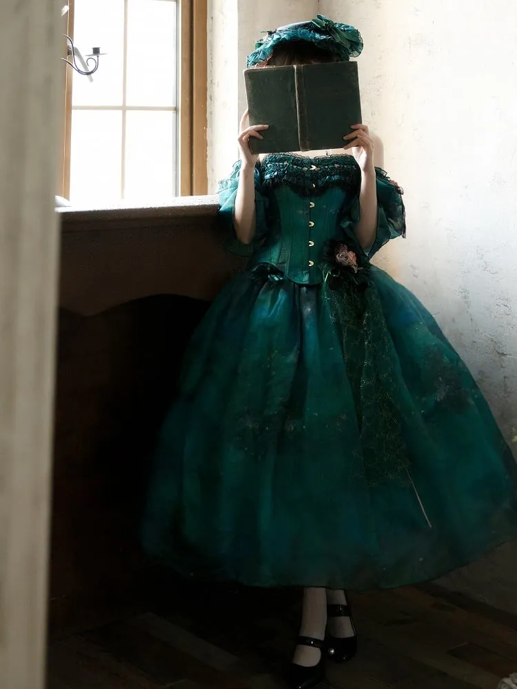Green Forest Fairy Lolita Oil Painting Print Tulle Skirt with Floral Hairclip