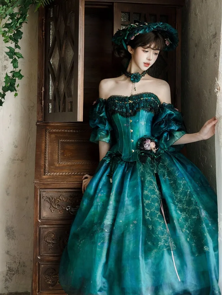 Green Forest Fairy Lolita Oil Painting Print Tulle Skirt with Floral Hairclip