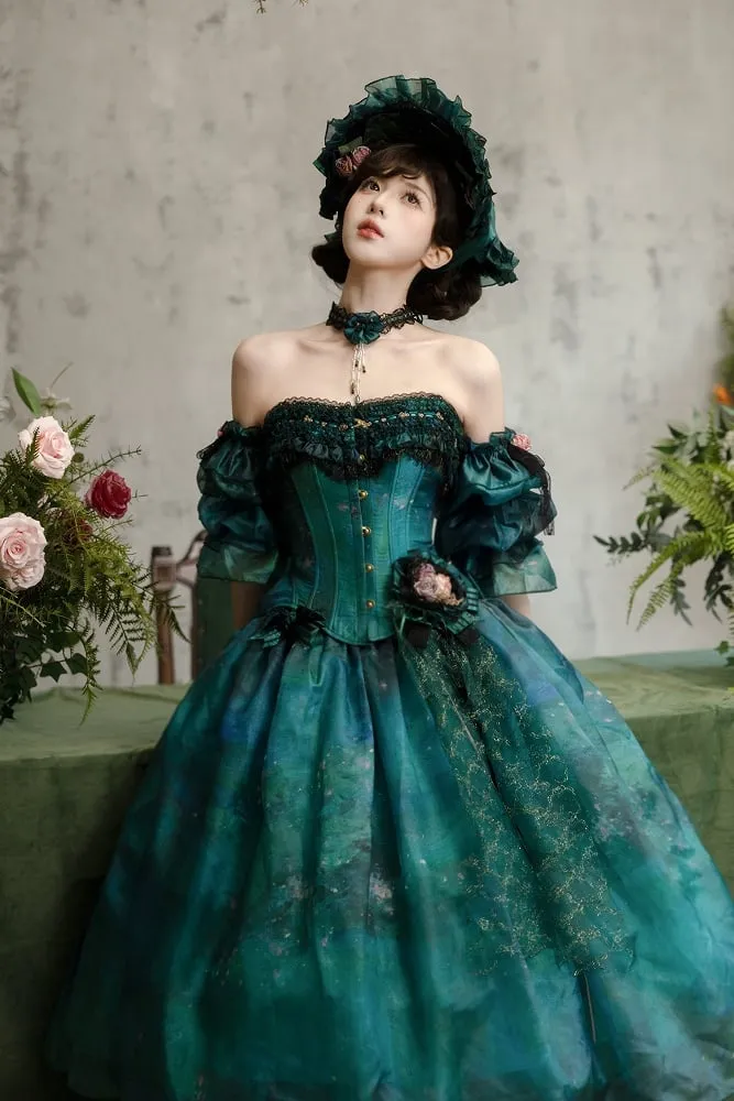 Green Forest Fairy Lolita Oil Painting Print Tulle Skirt with Floral Hairclip