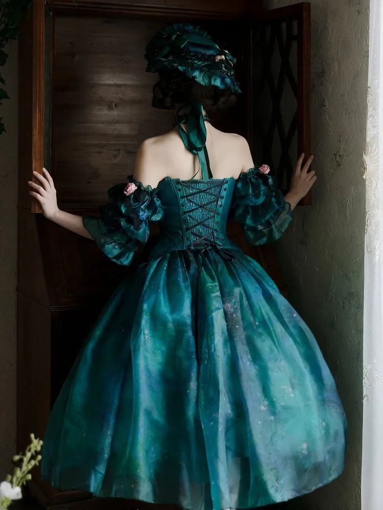 Green Forest Fairy Lolita Oil Painting Print Tulle Skirt with Floral Hairclip