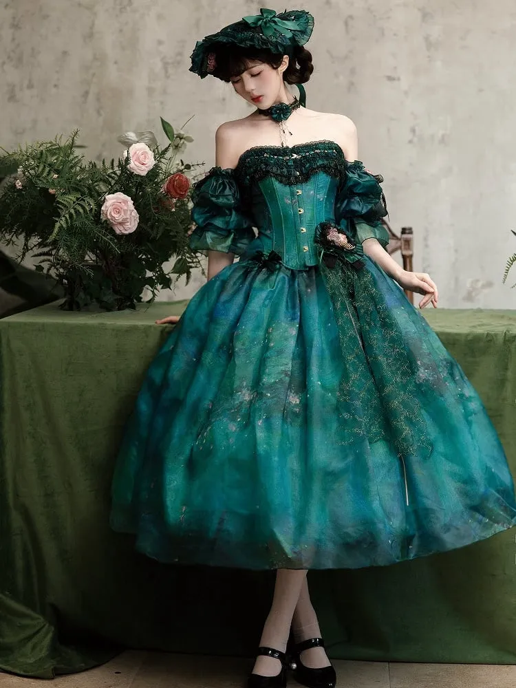 Green Forest Fairy Lolita Oil Painting Print Tulle Skirt with Floral Hairclip