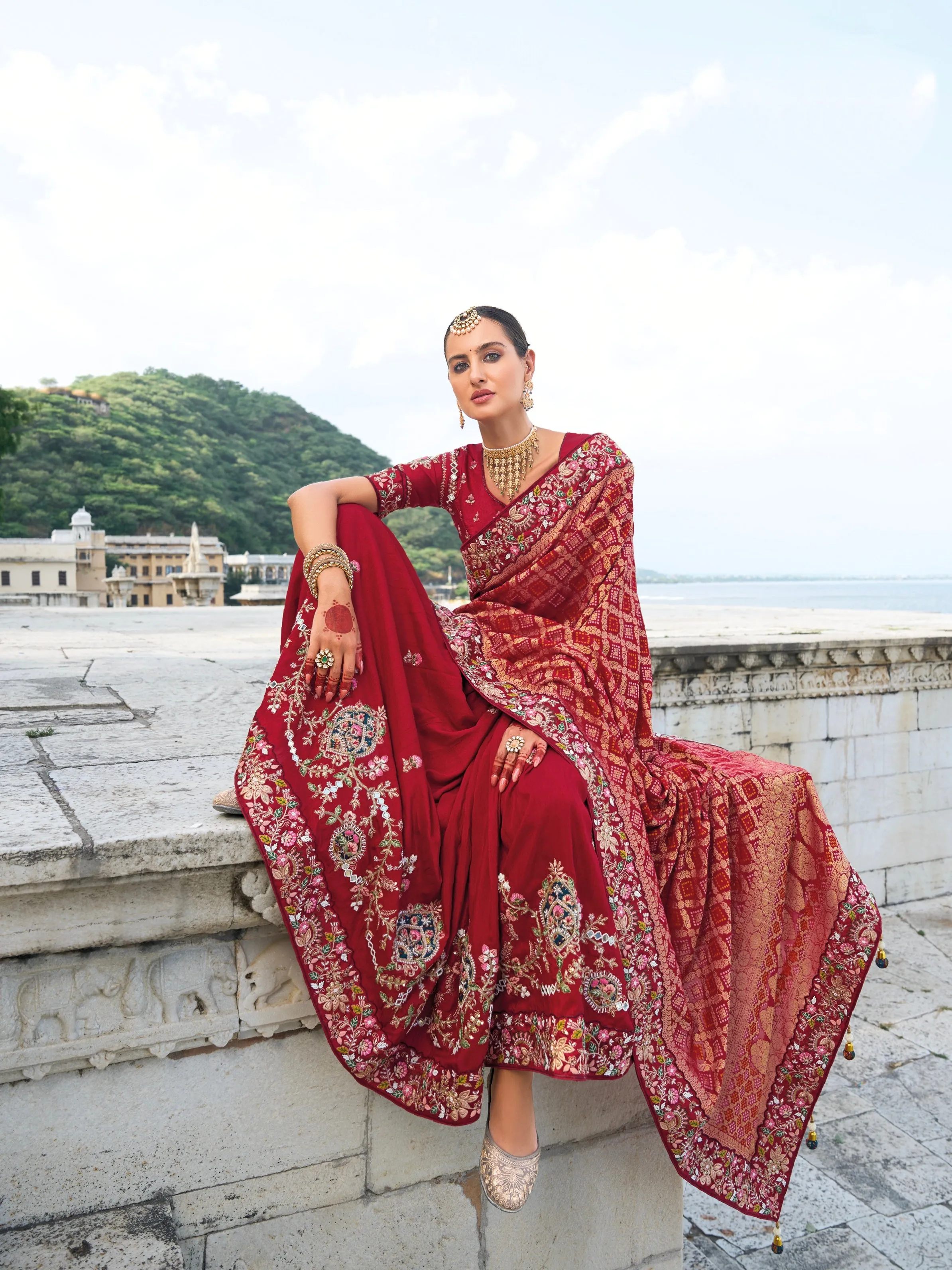 Maroon Bandhej Pure Silk Saree with Heavy Moti and Jari Work