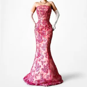 Pink Strapless Floral Beaded Mesh Fit Flared Maxi Formal Cocktail Prom Dress Size S