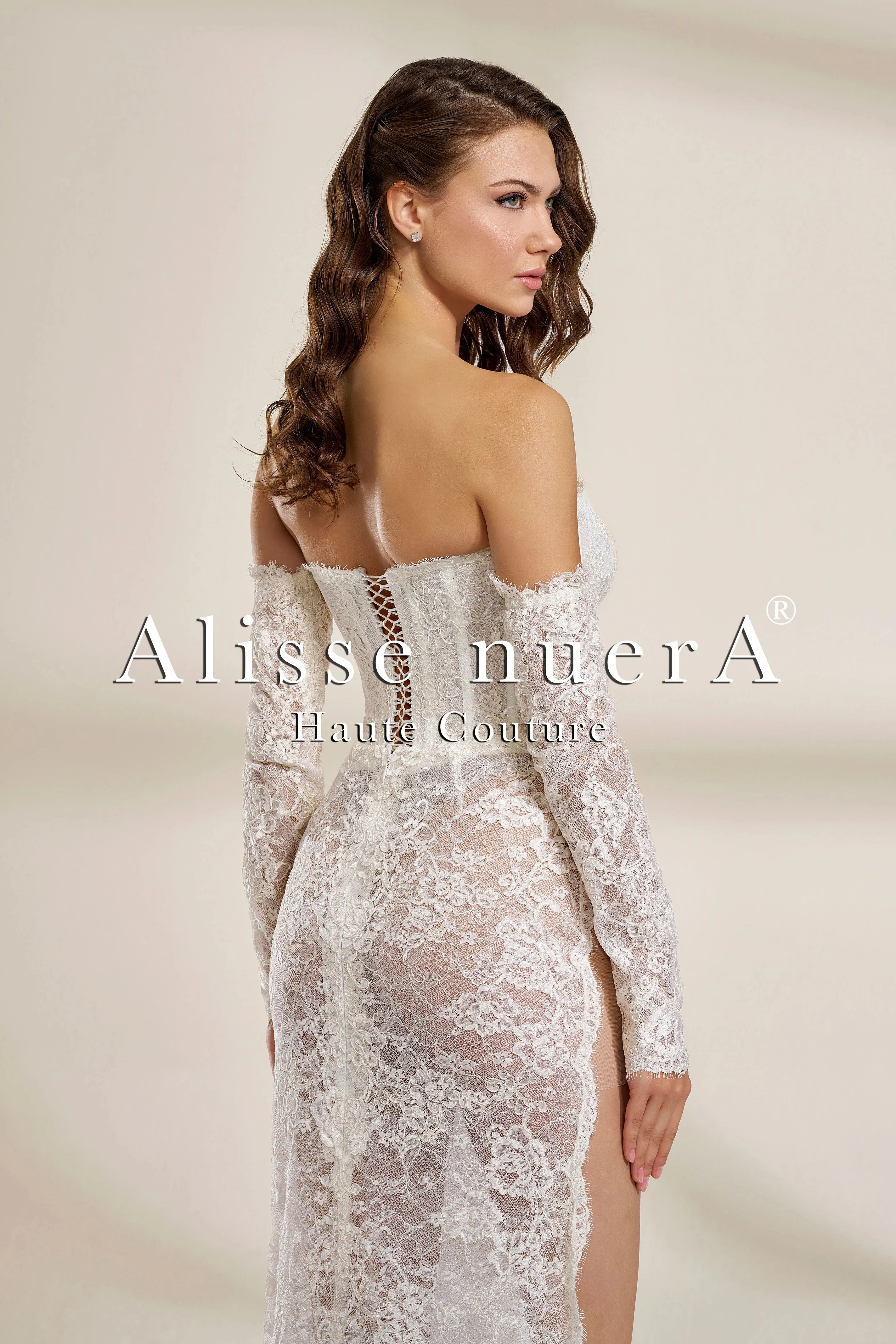 Strapless French Lace Wedding Dress with Detachable Long Sleeves and Thigh-High Slit