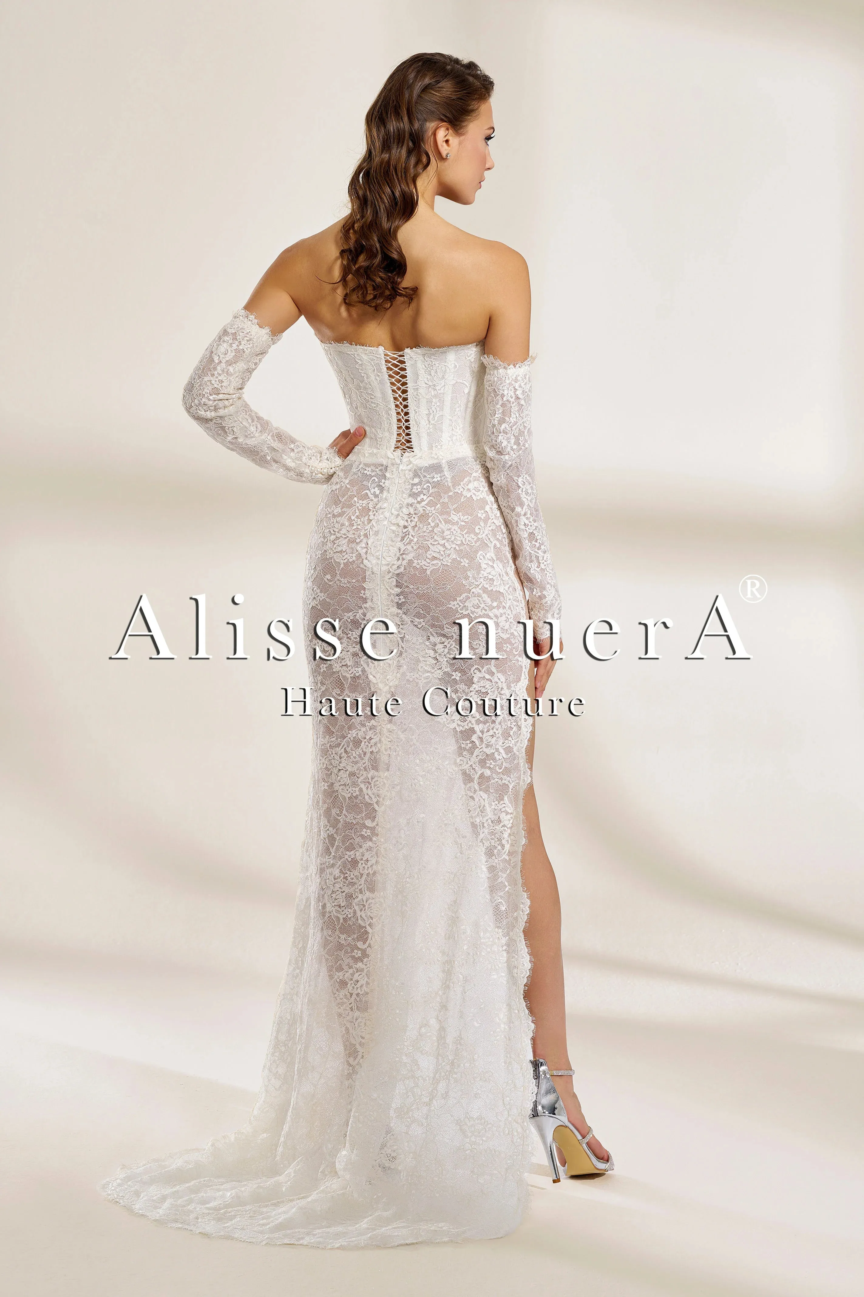 Strapless French Lace Wedding Dress with Detachable Long Sleeves and Thigh-High Slit