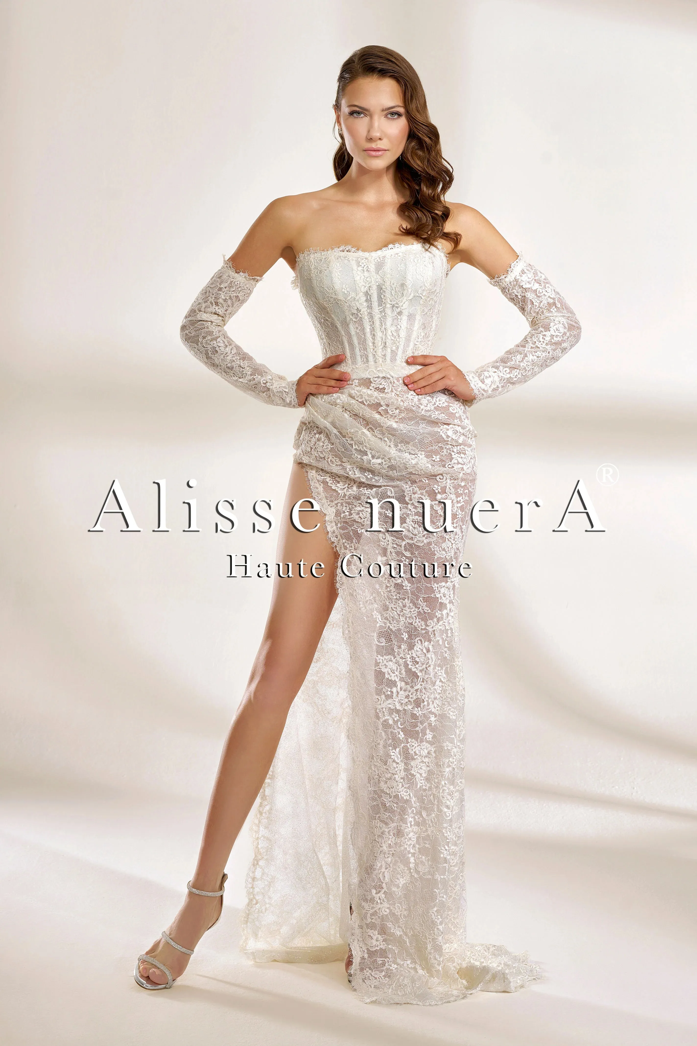 Strapless French Lace Wedding Dress with Detachable Long Sleeves and Thigh-High Slit