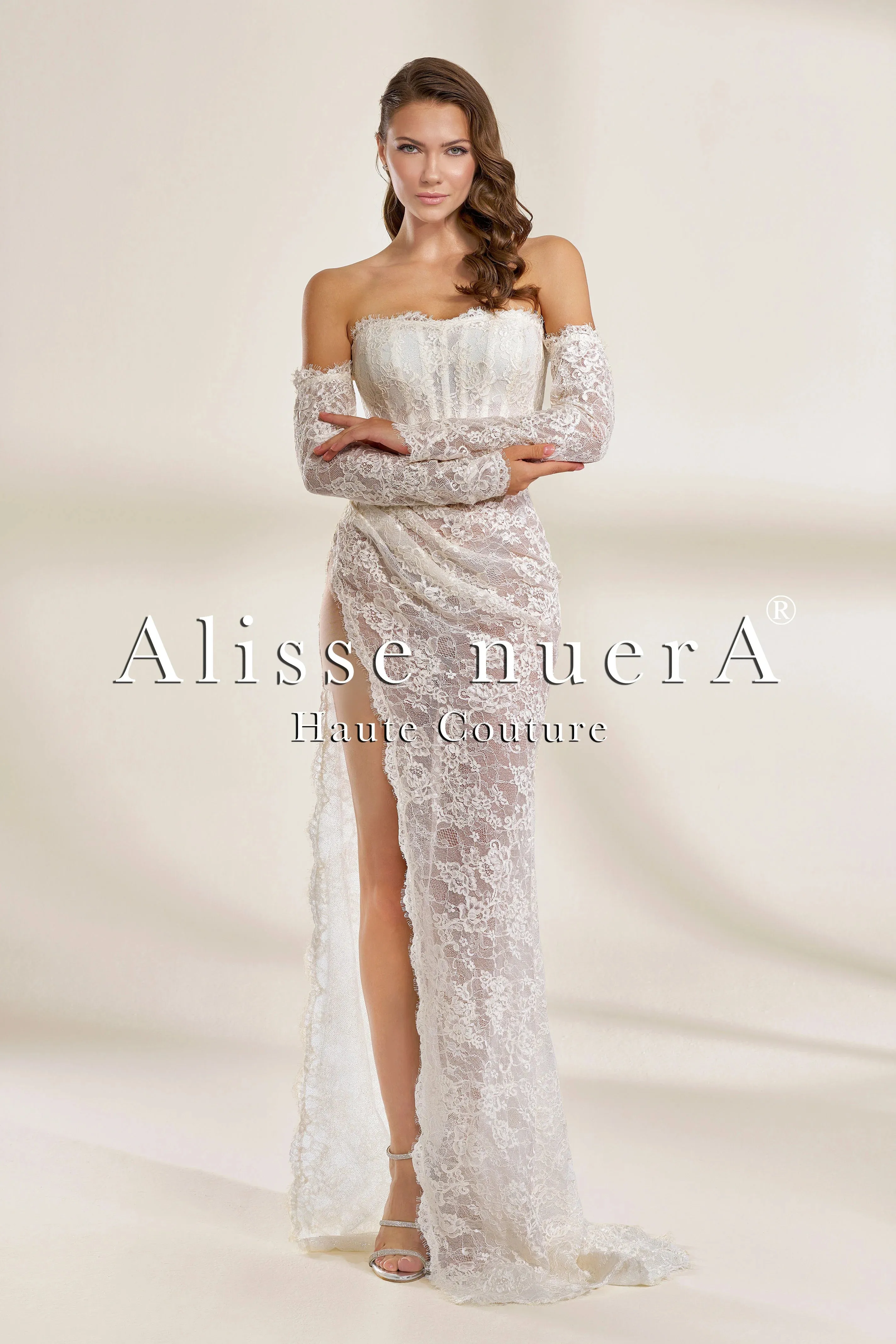 Strapless French Lace Wedding Dress with Detachable Long Sleeves and Thigh-High Slit