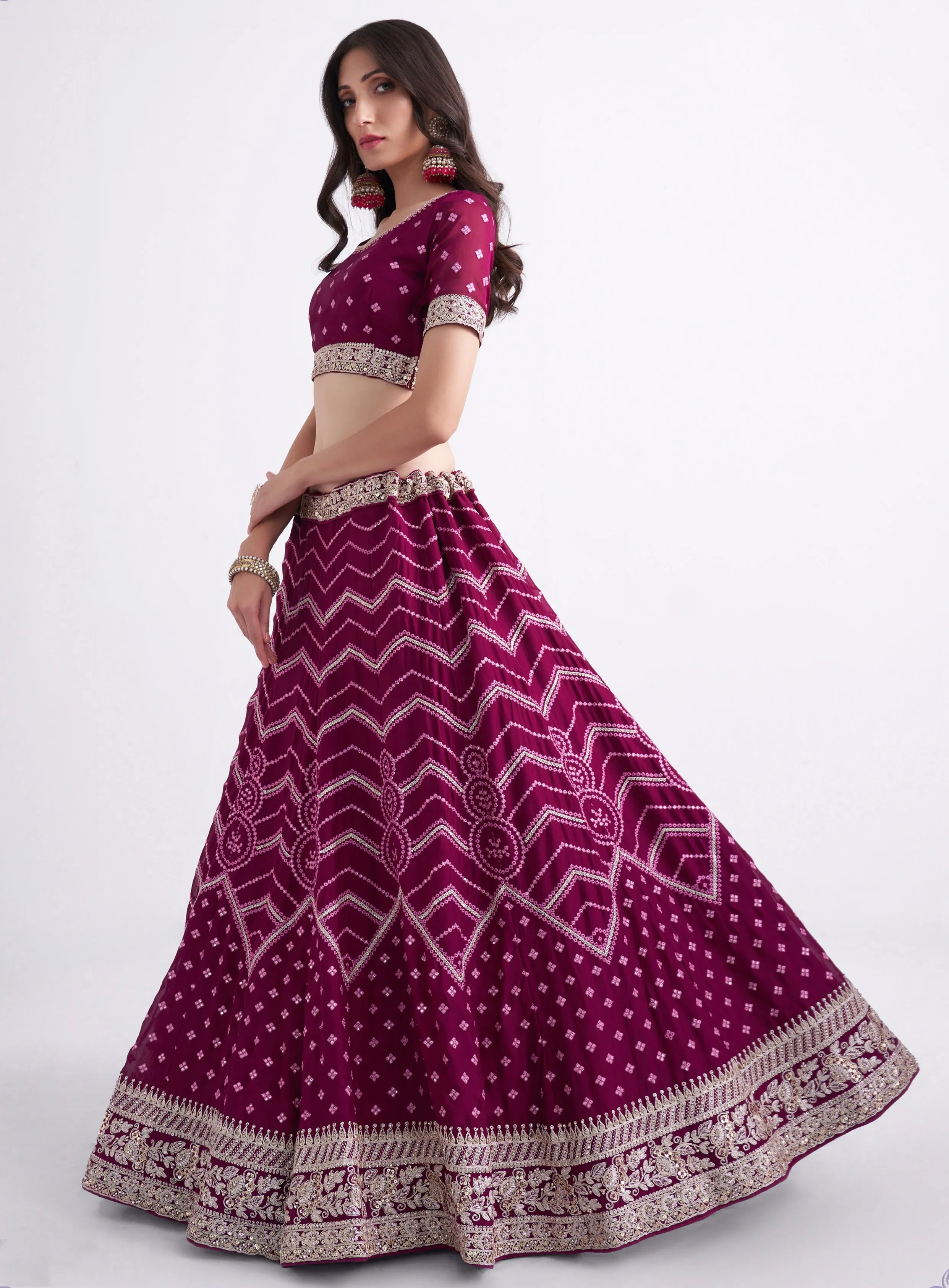 Stunning Magenta Silky Georgette Bridal Lehenga with Heavy Thread, Cording & Sequins Embroidery in Bandhani Style