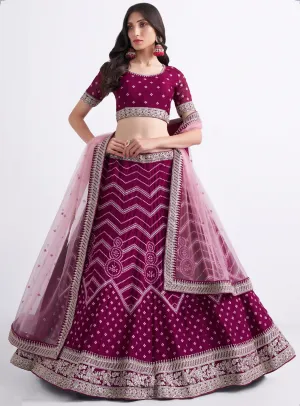 Stunning Magenta Silky Georgette Bridal Lehenga with Heavy Thread, Cording & Sequins Embroidery in Bandhani Style
