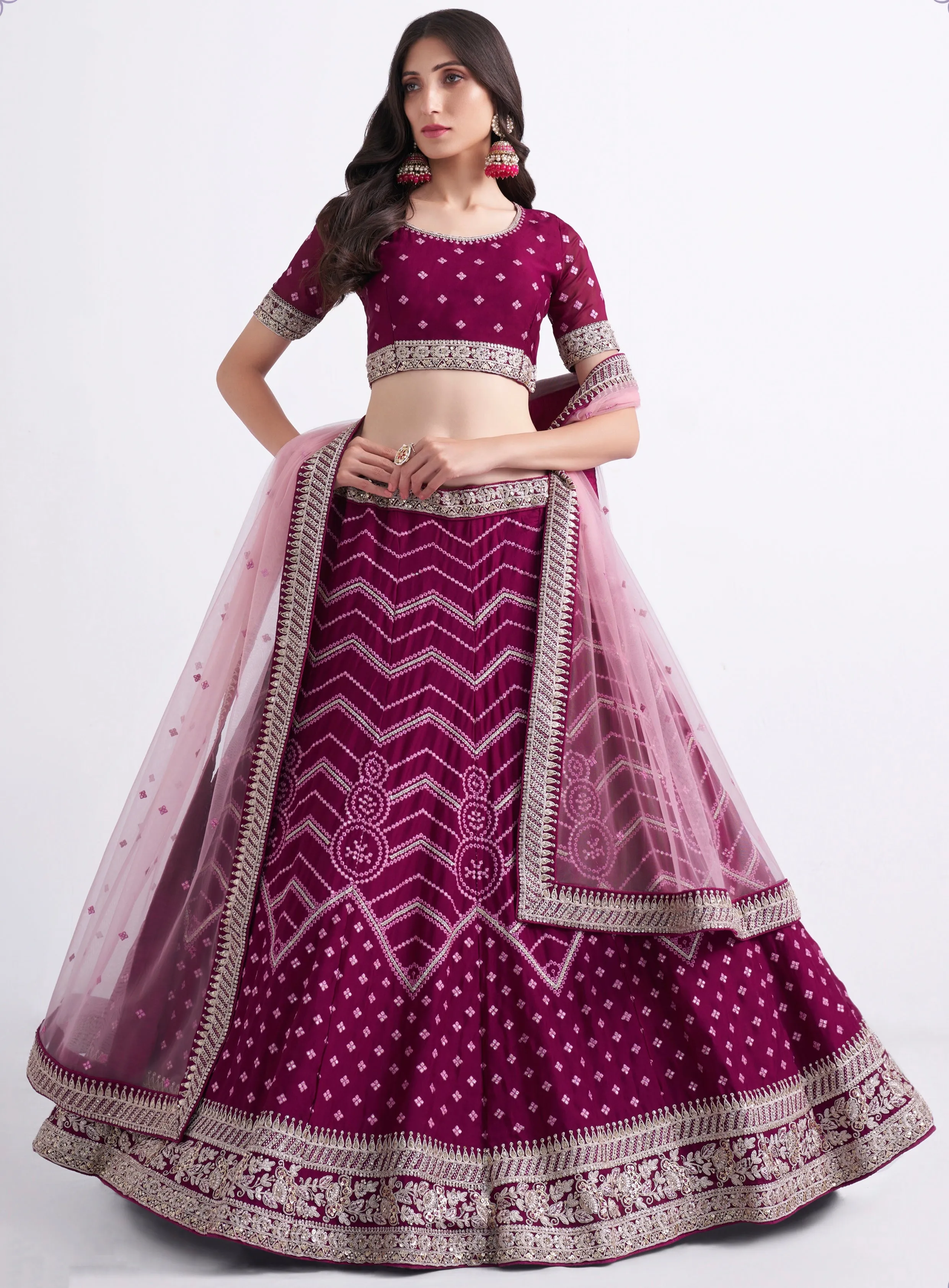 Stunning Magenta Silky Georgette Bridal Lehenga with Heavy Thread, Cording & Sequins Embroidery in Bandhani Style