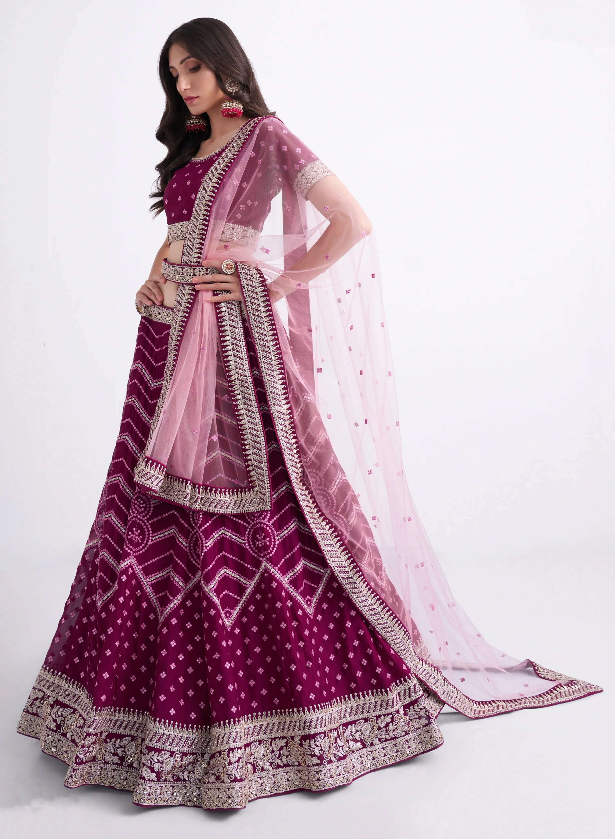 Stunning Magenta Silky Georgette Bridal Lehenga with Heavy Thread, Cording & Sequins Embroidery in Bandhani Style