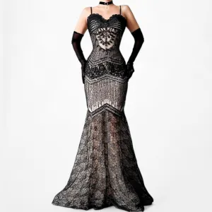 Vintage Black Lace Fit Flared Beaded Formal Prom Dress Size M