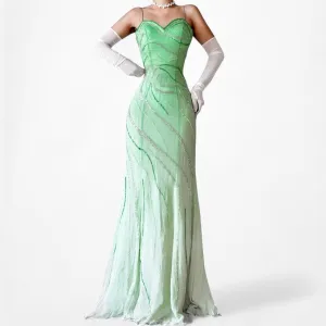 Vintage Green Ombre Fit Flared Beaded Formal Prom Dress Size S